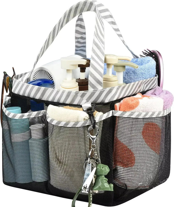 Mesh Shower Caddy Tote – Portable Bathroom & College Organiser, 8-pocket, Oxford Handles, Black