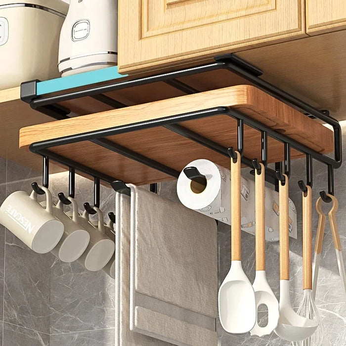 Under-Cupboard Kitchen Hanging Rack with Hooks — Paper Towel, Cutting Board & Pot Lid Holder