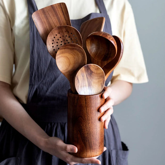 Natural Teak Wooden Kitchen Utensil Set — Modern, Eco-Friendly