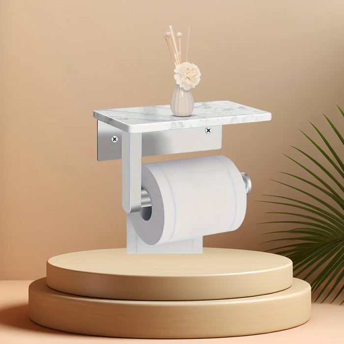 Stainless Steel Toilet Roll Holder with Marble Shelf and Mobile Phone Shelf