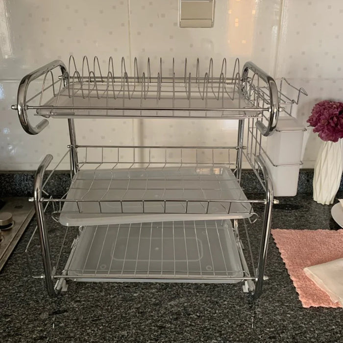 3-Tier Chrome Kitchen Drying Rack with Drip Tray