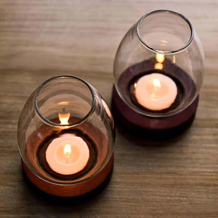 European Clear Glass Candle Holder with Wooden Base | Warm Ambient Lighting