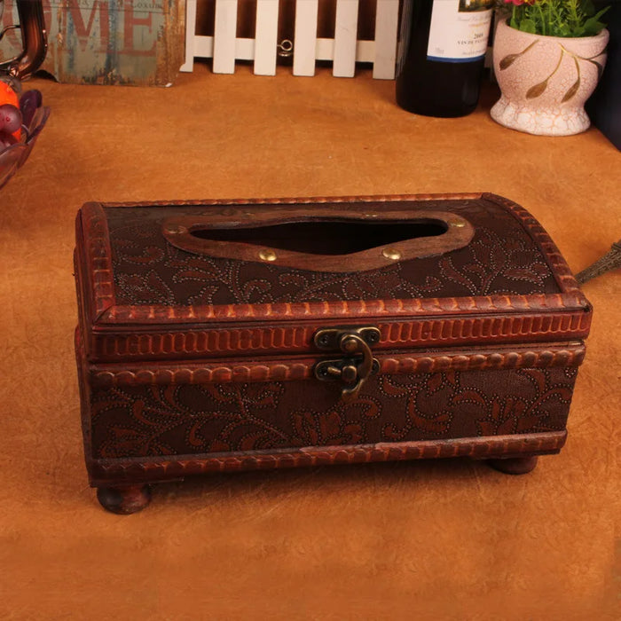 Royal-style Torched Wood Tissue Box Cover – Brown, Four-Leg Design