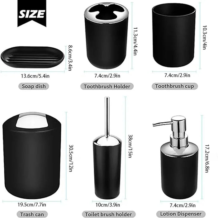 6-Piece Plastic Bathroom Accessory Set — Toothbrush Holder, Dispenser, Soap Dish & More