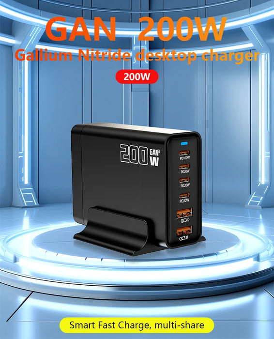 200W GaN 5‑Port USB‑C Fast Charger — Desktop Hub for MacBook Pro/Air & iPad Pro