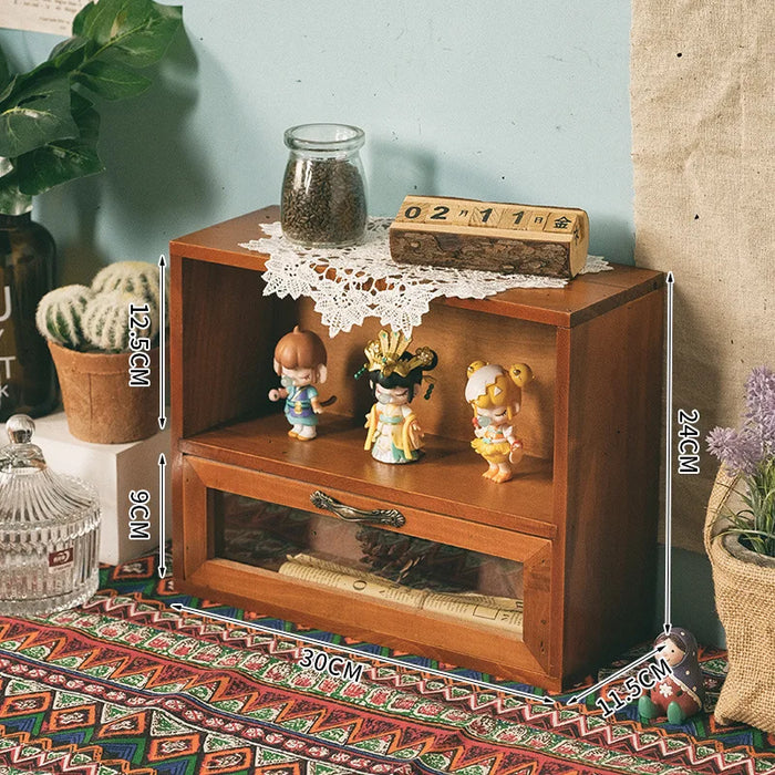 Nordic Solid Wood Retro Double-Door Display Cabinet — Desktop Storage for Cosmetics & Sundries