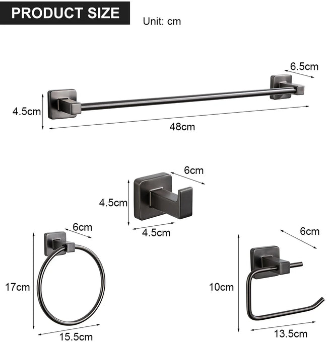 Gun Grey Bathroom Hardware Set — Towel Bar, Paper Holder, Ring & Hook
