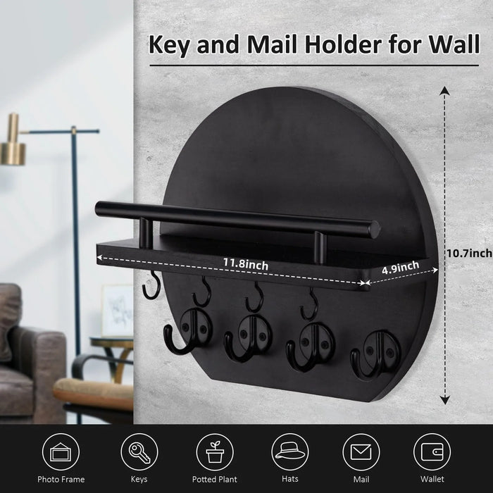 Wooden Wall-Mounted Key & Mail Holder with 8 Key Hooks and Shelf for Sunglasses & Dog Lead