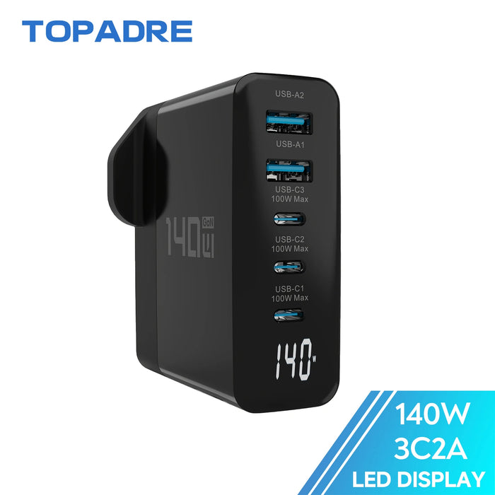 140W 5‑Port GaN USB‑C Charger with Display — Up to 100W Laptop Power, Quick Charge