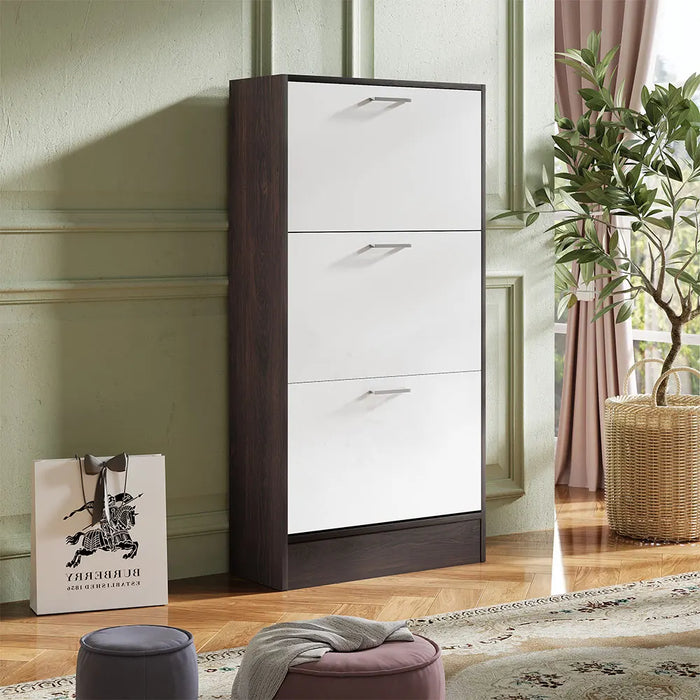Narrow 3-Tier Flip-Top Shoe Cabinet – Walnut & White Vertical Storage