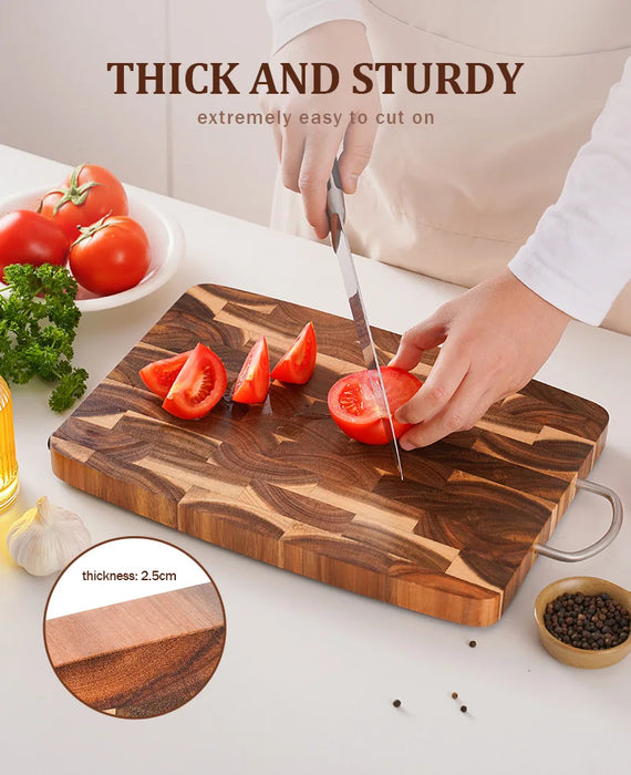 End-grain Acacia Butcher Block Cutting Board with Handle — 395×249×25 mm
