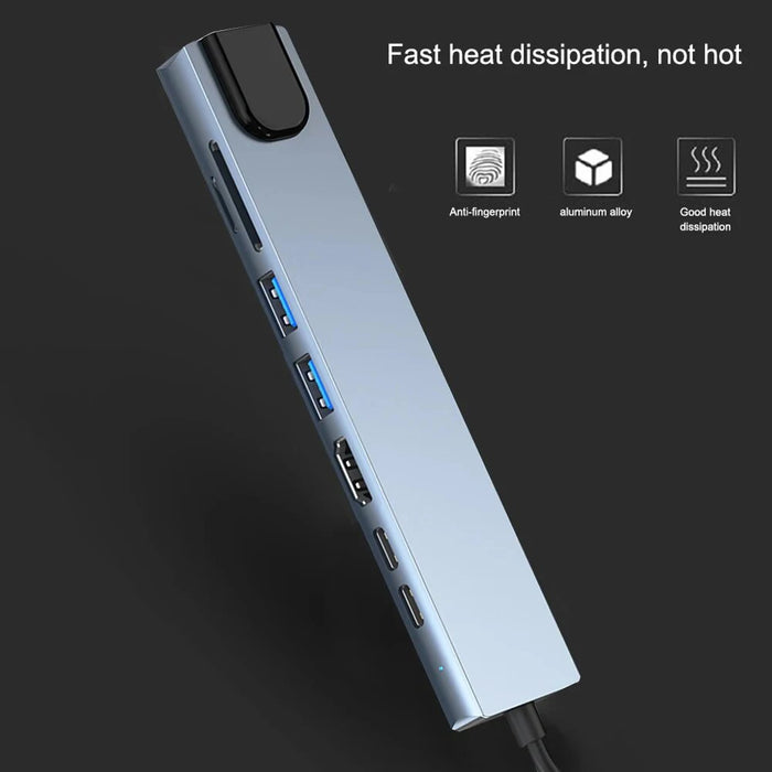 USB-C 8-in-1 Hub — HDMI 4K 30Hz, 100W PD, RJ45 100Mbps, SD/TF & USB 3.0