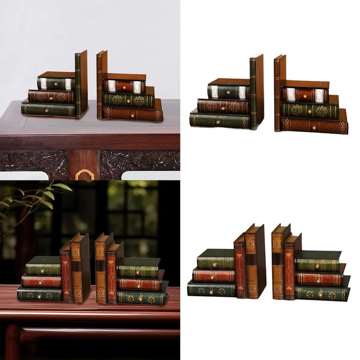 European-Style Faux Book Bookends with Drawers — Wooden Pair