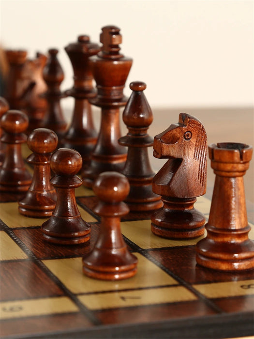 Retro 3-in-1 Wooden Chess Set — Foldable Chessboard with Checkers & Backgammon