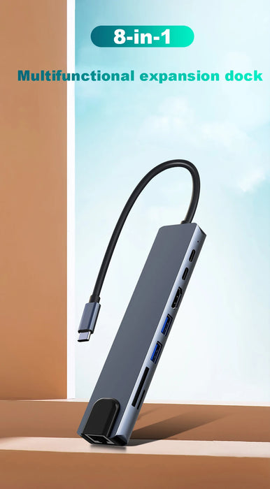 8‑in‑1 USB‑C Hub with 4K HDMI, PD 87W, USB 3.0, SD/TF Card Reader & RJ45