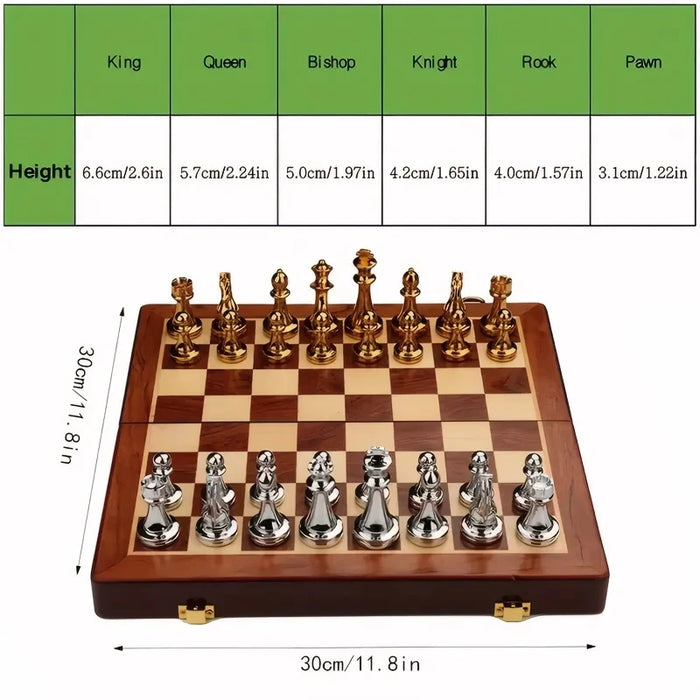 Deluxe 30cm Folding Wooden Checkers & Chess Set with Zinc Alloy Pieces