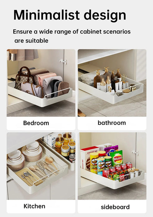 Pull-Out Sliding Cabinet Storage Box — Stick-On Kitchen & Pantry Organiser (Beige)