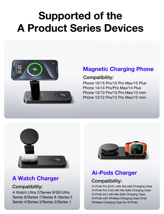 Magnetic 3-in-1 Foldable Fast Wireless Charger Stand for iPhone, Apple Watch & AirPods