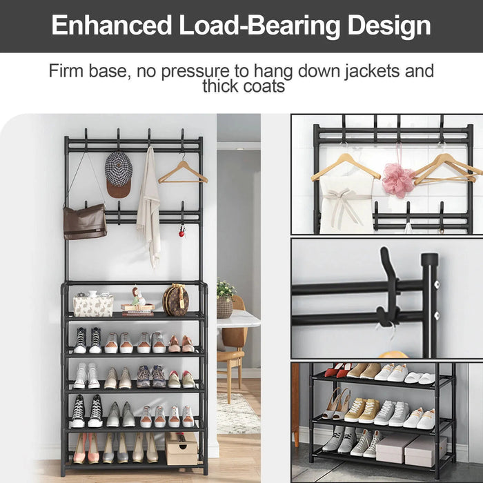 5-Tier Metal Coat Stand with Shoe Rack & 8 Hooks – Freestanding Hall Tree, Black
