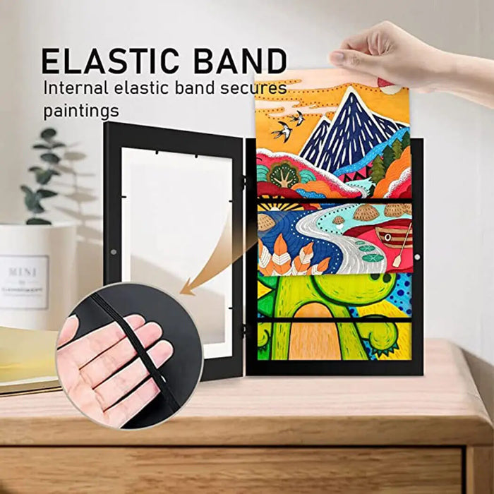 A4 Kids Art Display Frame – Double Picture Frame with Elastic Strap (Black/White)