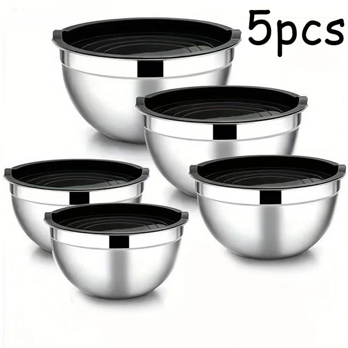 5-piece Stainless Steel Salad Basins with Lids — 2L+ Mixing & Baking Bowls (Silver)