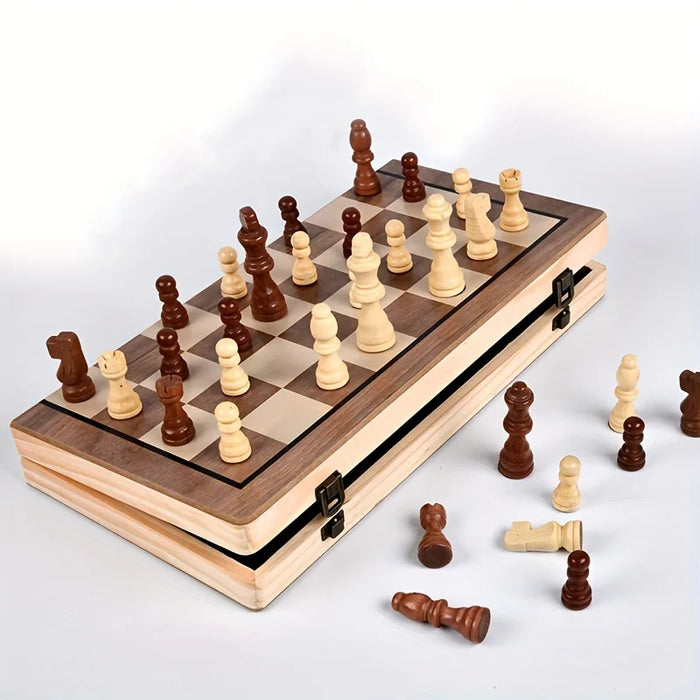 Wooden Folding Chess & Checkers Set — Portable Table Game with 2 Extra Queens, Beginner Friendly