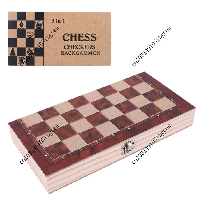 Foldable 3-in-1 Wooden Chess Set — Chess, Checkers & Backgammon, 29×29cm Travel Board