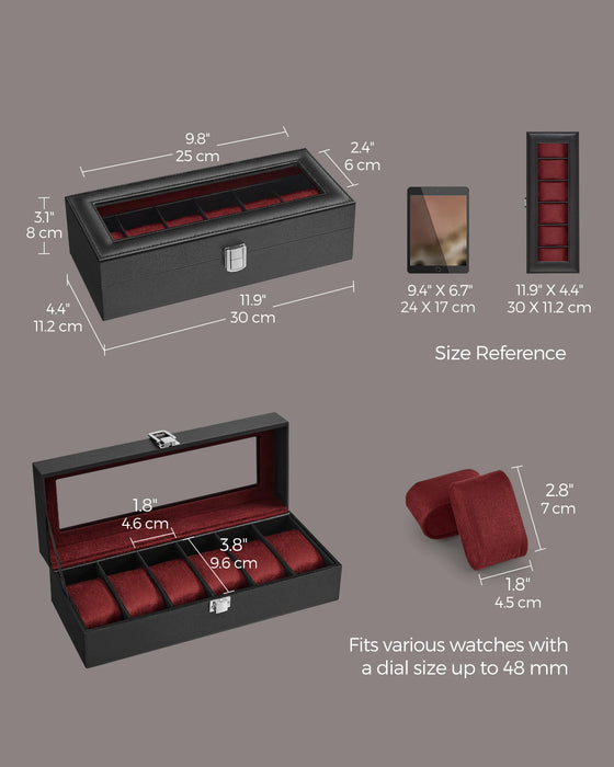 Watch Box for 6 Watches with Glass Lid and Removable Pillows