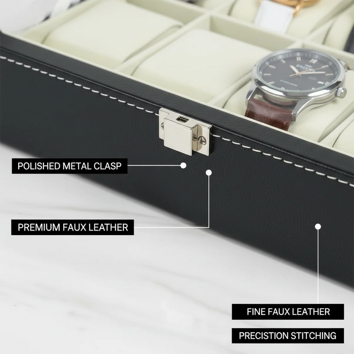 12-Slot Watch Box — Grey PU Leather with Clear Window & Velvet Lining
