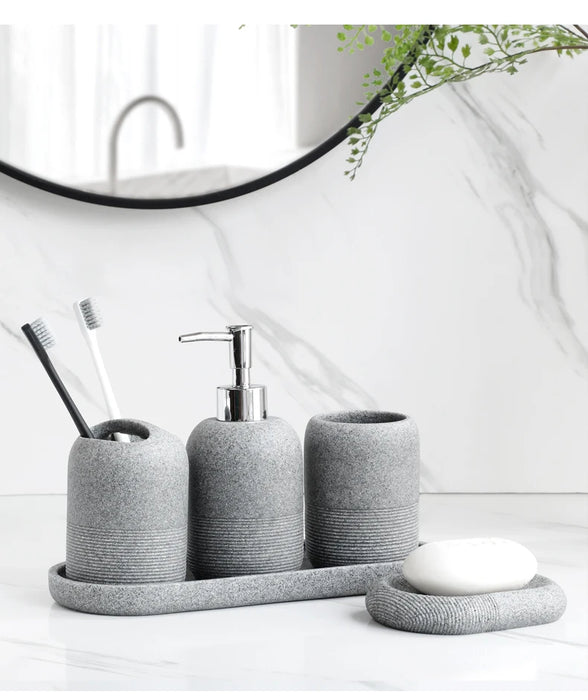 5-Piece Bathroom Accessory Set — Lotion Dispenser, Toothbrush Holder, Tumbler, Soap Dish & Tray (Beige or Grey)