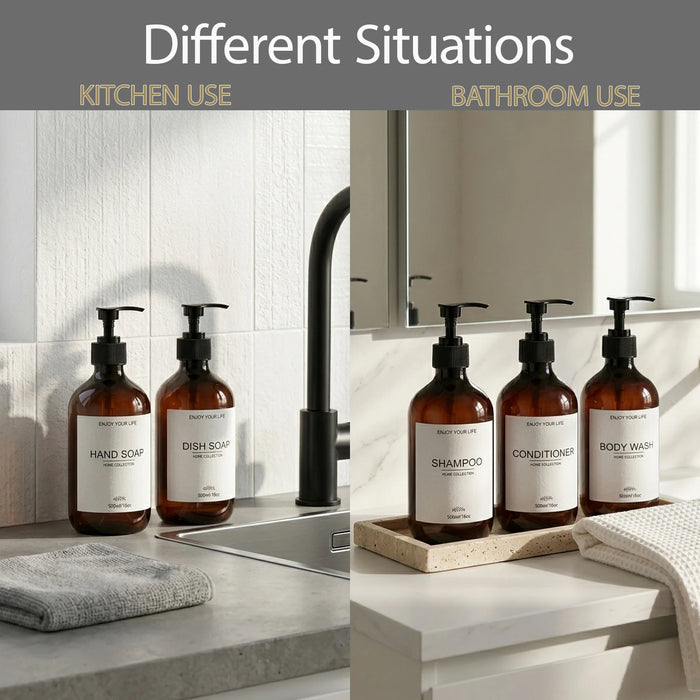 Set of 5 Amber 500ml Refillable Pump Bottles – Empty Dispensers for Shampoo, Conditioner, Hand & Dish Soap