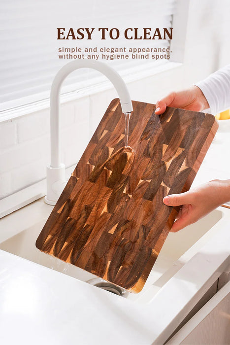 15-inch End Grain Acacia Rectangular Chopping Board with Side Handle (390×275×25mm)