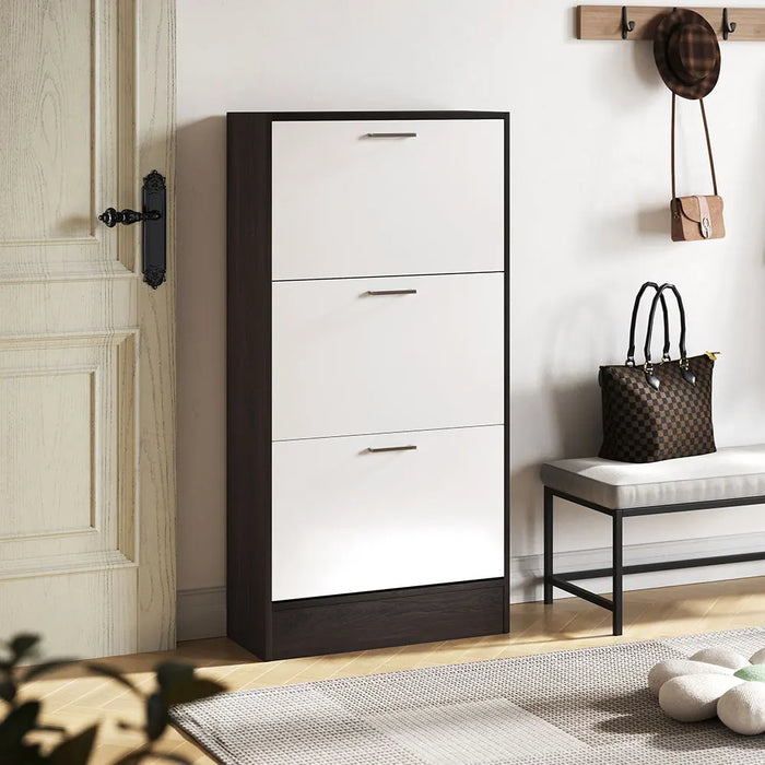 Narrow 3-Tier Flip-Top Shoe Cabinet – Walnut & White Vertical Storage