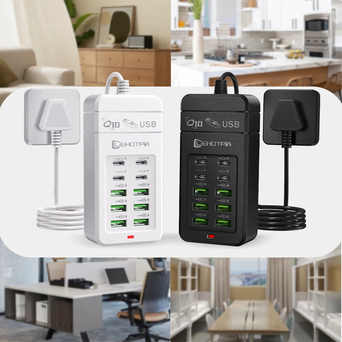 6x USB-A & 4x USB-C Multi‑Plug USB Charger with 1.2m Cord — EU/UK/US