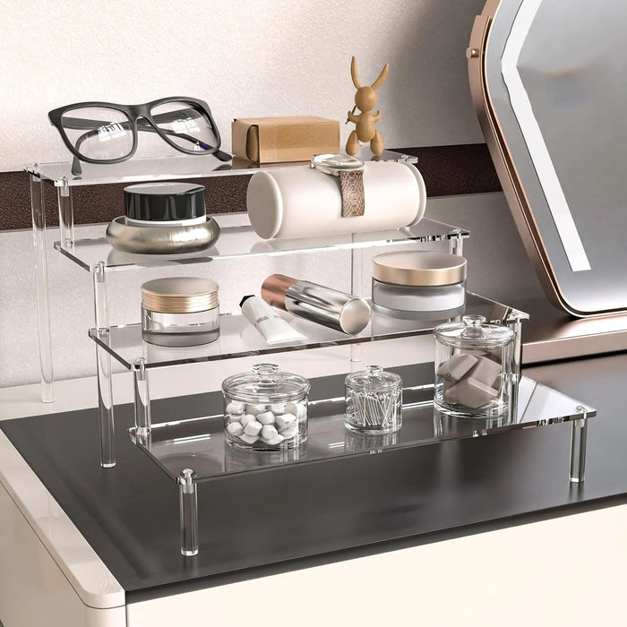 Transparent Acrylic Display Stand — 1–4 Tier Trapezoid Rack for Cupcakes, Perfume & Dolls