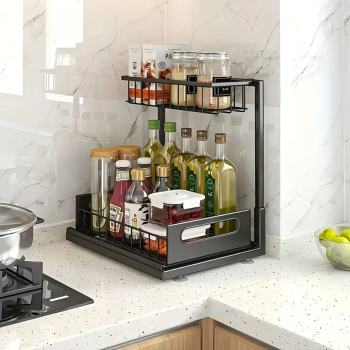 Under-sink Pull-out Metal Organiser — Sliding Storage Shelf for Kitchen (Black/White)