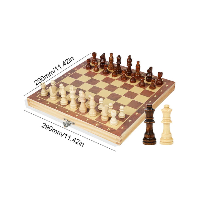 29x29cm Foldable 3‑in‑1 Wooden Chess, Checkers & Backgammon Board