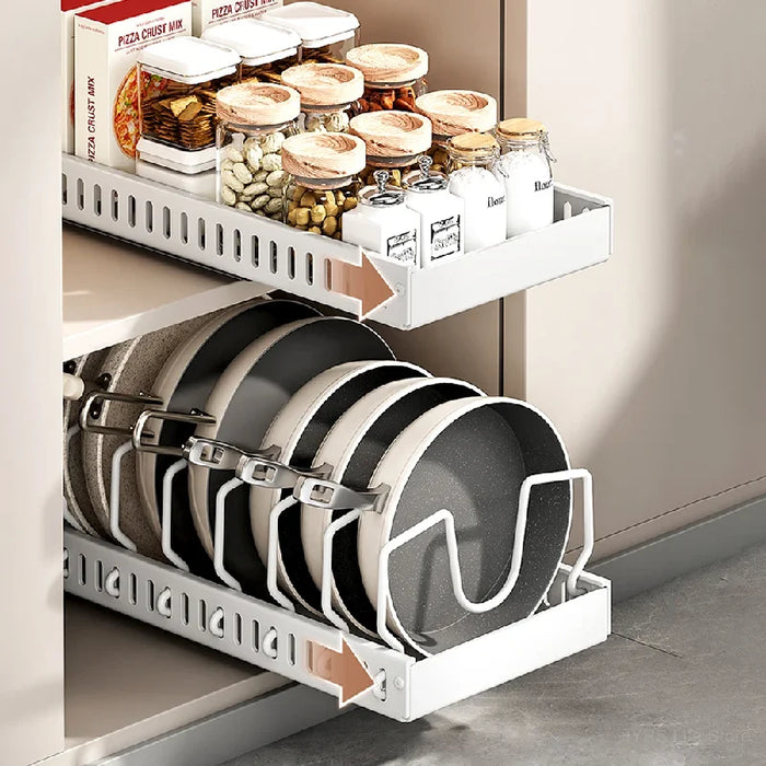 Under-Cabinet Pull-Out Pots & Pans Organiser — Sliding Tray with 8 Adjustable Dividers