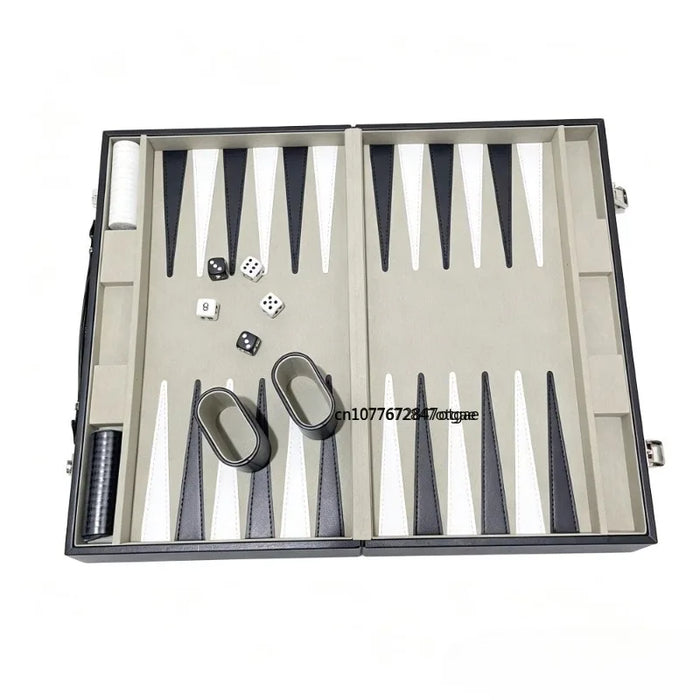 Backgammon & Chess Folding Set in Stitched Black Leatherette Case