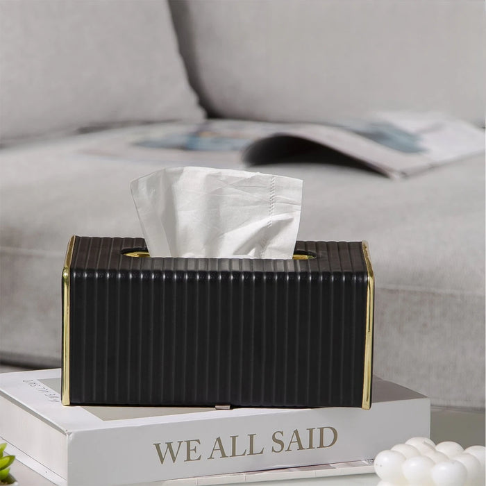 White Rectangular Leather Tissue Box Cover with Gold-Tone Edging — Small 16×11.5×8cm