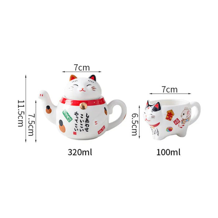 Japanese-style Maneki Neko Porcelain Tea Set with Strainer