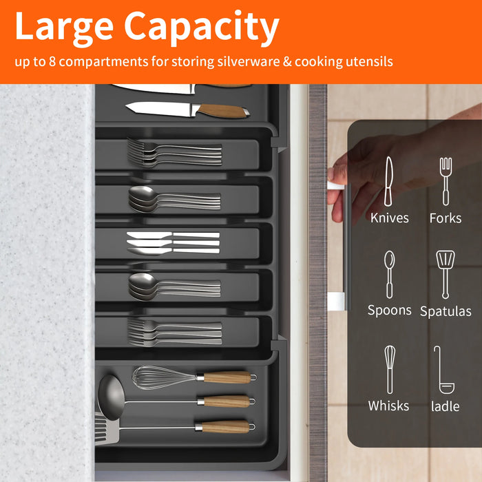 Expandable Cutlery Tray — Wooden or Black Plastic, 6–8 Compartments
