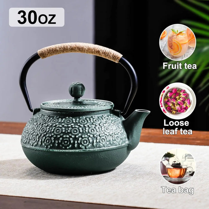 Cast Iron Teapot 900ml — Sakura Pattern with Tea Strainer