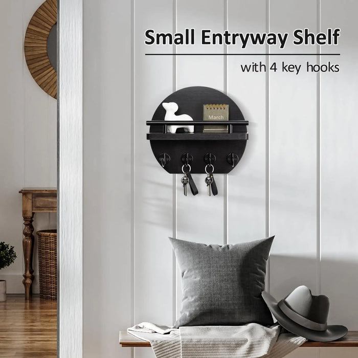 Wall-mounted round wooden key rack with shelf and 8 hooks — apartment wall décor
