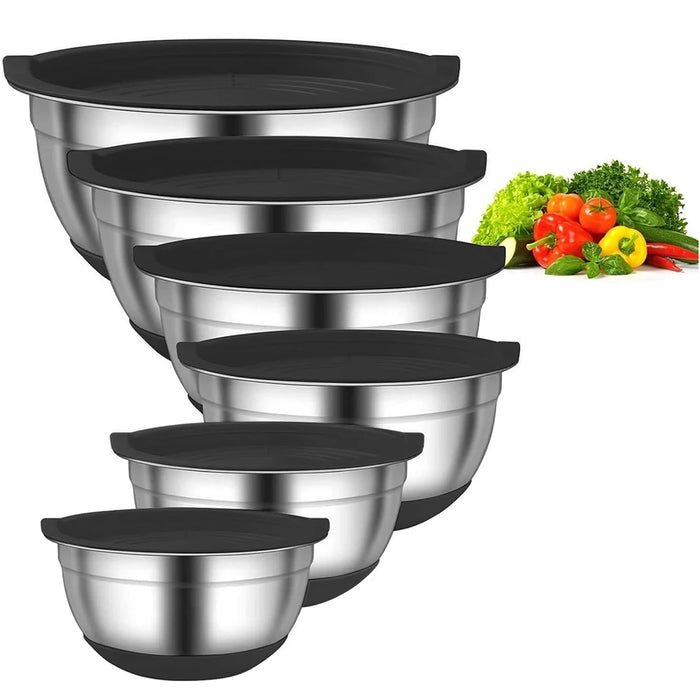6-Piece Stainless Steel Nesting Mixing Bowls with Black Lids and Non-Slip Bases