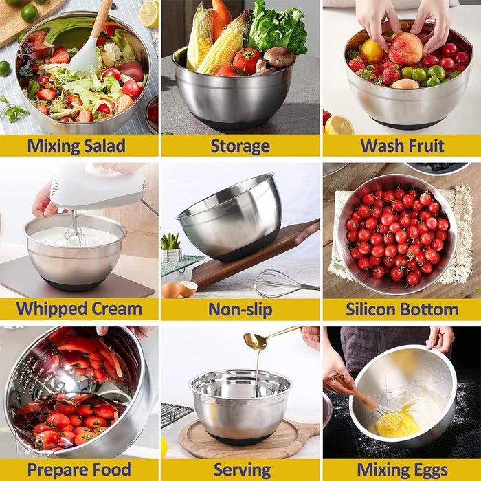 6-Piece Stainless Steel Nesting Mixing Bowls with Black Lids and Non-Slip Bases