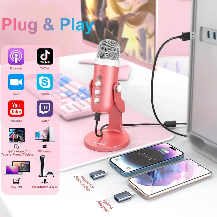 USB Condenser Microphone — Pink Studio Mic for PC, Mac, Phone, Streaming & Gaming