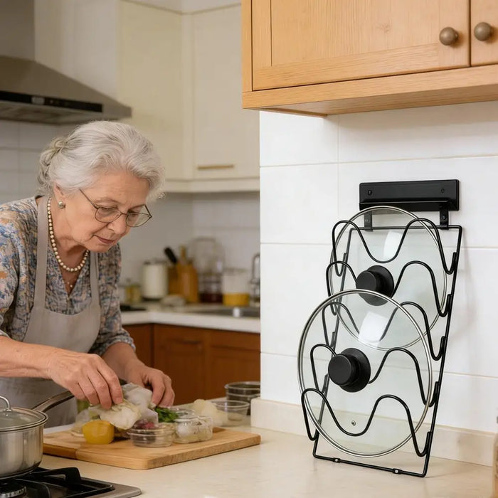 5-Tier Wall-Mounted Pot Lid Rack — Stainless Steel, Foldable, Space-Saving