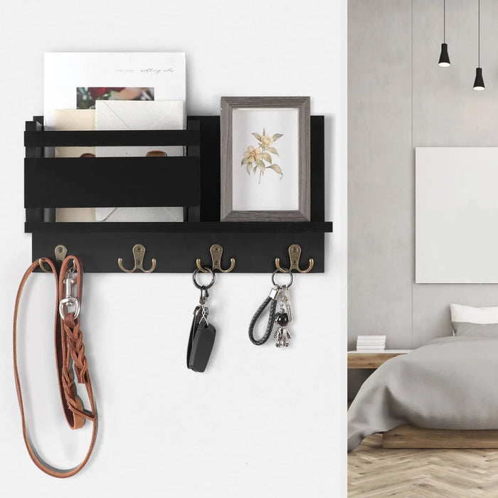 Wooden Wall-Mounted Key & Mail Organiser — Rustic Letter Sorter with 4 Key Hooks