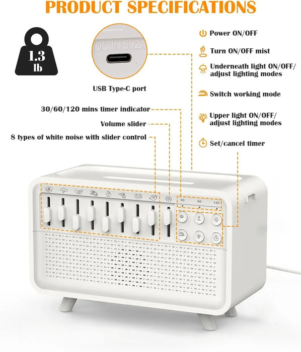 4-in-1 HiFi Bluetooth Speaker — White Noise, Humidifier, Night Light, 8 Nature Sounds (White)